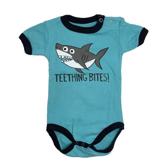 Lazy One Baby Teething Bites Shark Graphic Blue Short Sleeve Ringer Bodysuit 6 M - Picture 1 of 5
